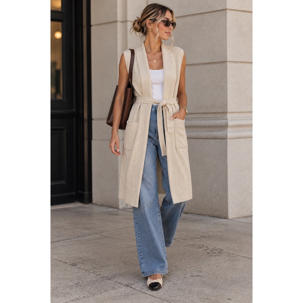Loft Womens Cream Ribbed Knit Sleeveless Belted Longline Cardigan Vest Large